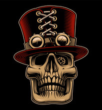 Vector Illustration Of Skull In Hat And Eyeglasses In Steampunk Style