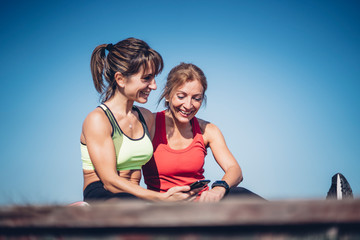 Wall Mural - Two women consult mobile phone during training.