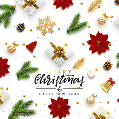Wall Mural - Christmas greeting card. Background Xmas objects viewed from above. Text Merry Christmas and Happy New Year. Vector illustration. flat lay