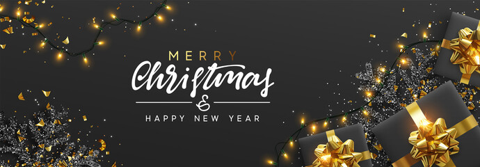 Wall Mural - christmas banner. background xmas design of sparkling lights garland, with realistic gifts box, blac