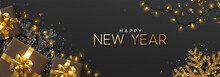 Happy New Year Banner. Background Xmas Design Of Sparkling Lights Garland, With Realistic Gifts Box, Black Snowflake And Glitter Gold Confetti. Horizontal Poster, Greeting Cards, Headers, Website