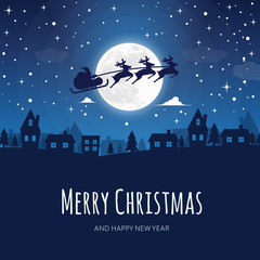Wall Mural - greeting card with the words merry christmas. in the background, town in the winter night scenery, m