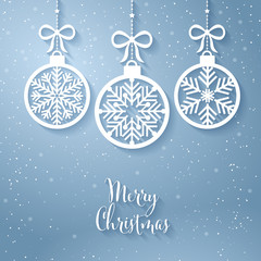 Wall Mural - greeting card with the words merry christmas. from above, stylish snowflake-shaped baubles hang on r