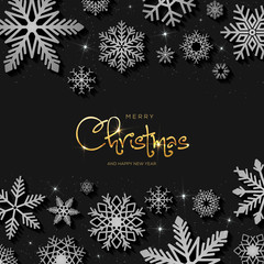 Wall Mural - greeting card with beautiful snowflakes on a dark background and with a shiny inscription merry chri