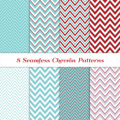 Wall Mural - Aqua Blue, Dark Red, White and Silver Gray Chevron Zigzag Stripes Vector Patterns. Set of Modern Christmas Background Textures. Repeating Pattern Tile Swatches Included.