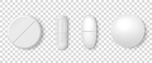 Vector 3d Realistic White Medical Pill Icon Set Closeup Isolated On Transparency Grid Background. Design Template Of Pills, Capsules For Graphics, Mockup. Medical And Healthcare Concept. Top View