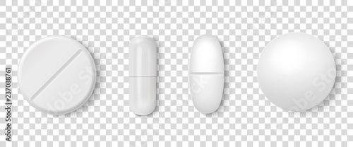 Cuadros en Lienzo Vector 3d Realistic White Medical Pill Icon Set Closeup Isolated on Transparency Grid Background