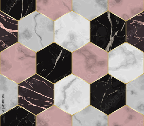 Obraz w ramie Marble Luxury Chaotic from Hexagons Seamless Pattern