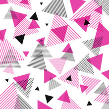 Abstract Modern Pink, Black Triangles Pattern With Lines Diagonally On White Background.