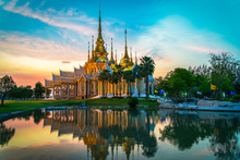 Temple Thailand / Beautiful Thailand Temple Dramatic Colorful Sky Twilight Sunset Shadow On Water Reflection - Landmark Nakhon Ratchasima Province Temple At Wat None Kum In Thailand