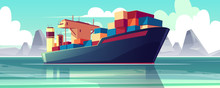 Vector Illustration With A Dry-cargo Ship At Sea, Ocean. Commerce Shipping, Delivery Of Goods. Cartoon Bulk-carrier On Mountain Background. Nautical Boat, A Marine Vessel With Metal Containers.