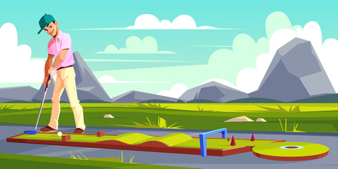 Vector background with man playing golf on green grass. Athlete in pink t-shirt, white trousers trains on a field. Outdoor sport, hobby or recreational activity. Sky and mountains on backgrounds.