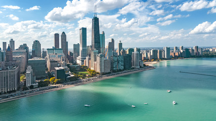 Wall Mural - Chicago skyline aerial drone view from above, lake Michigan and city of Chicago downtown skyscrapers cityscape, Illinois, USA
