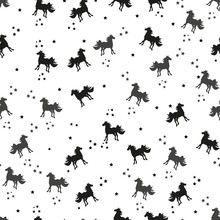 Vector Seamless Pastel Black White Silhouette Contour Unicorn Pattern On Background