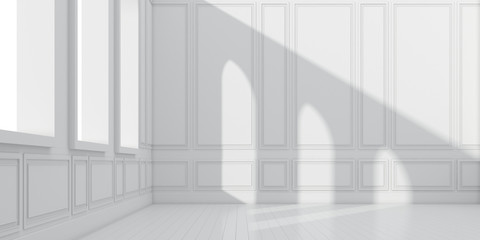Poster - 3D stimulate of empty white room with wood plank floor and sun light cast the arch window shadow on the classic wall,Perspective of minimal design architecture,3d rendering	