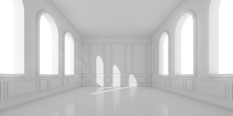 Aufkleber - 3D stimulate of empty white room with wood plank floor and sun light cast the arch window shadow on the classic wall,Perspective of minimal design architecture,3d rendering	