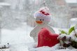 GLÜCK Schrift auf rotem Herz und Schneemann mit Weihnachtsmütze im Schnee
