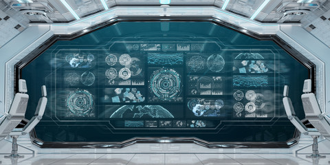 Canvas Print - white spaceship interior with control panel digital screens 3d rendering