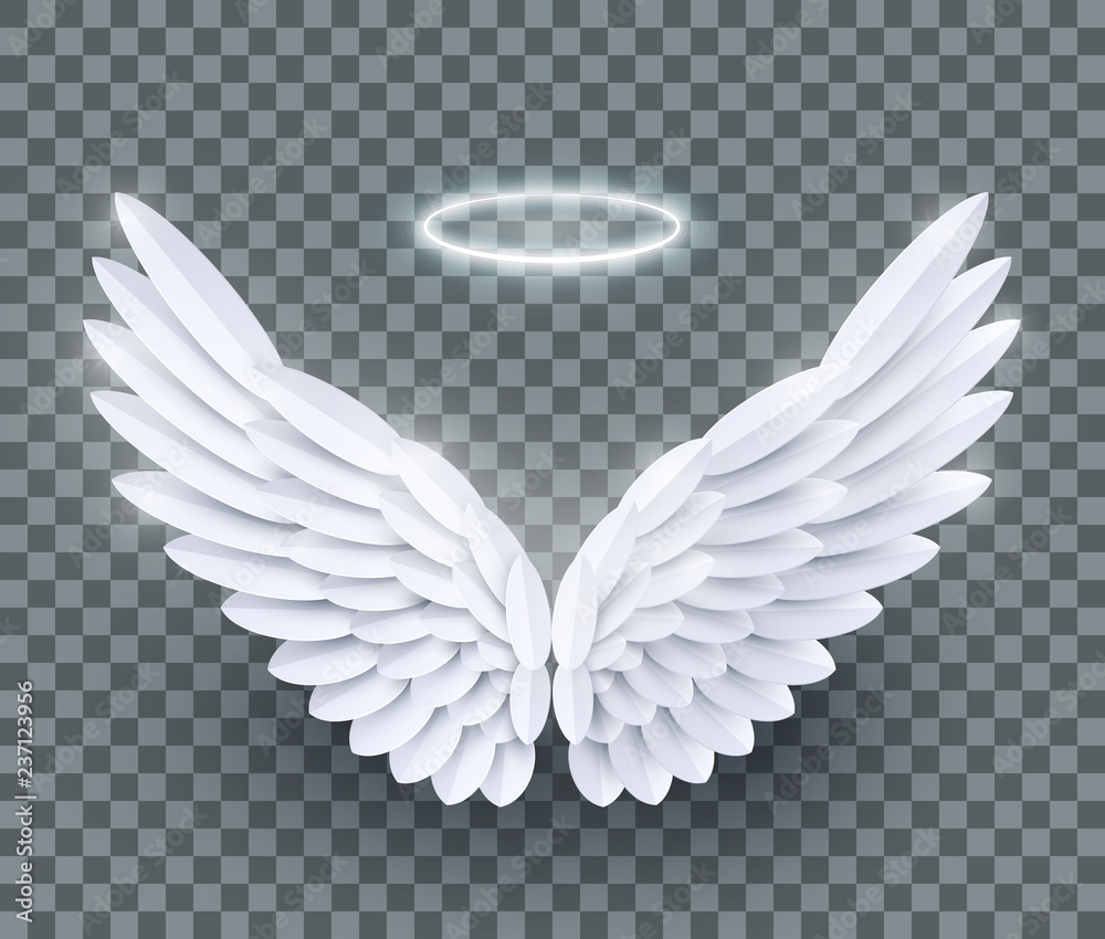 Vector 3d white realistic layered paper cut angel wings isolated on transparent background - obrazy, fototapety, plakaty 