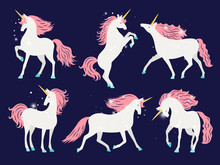 White Unicorn With Pink Mane. Cartoon Pretty Unicorn Horse Isolated On Background With Rose Mane For Girls T-shirt Design Vector Illustration