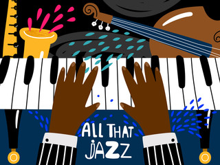 Jazz piano poster. Blues and jazz rhythm musical art festival, vintage music band concert poster template in modern style vector illustration