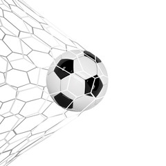 Wall Mural - Soccer or Football 3d Ball isolated on white background. Football game match goal moment with realistic ball in the net and place for text