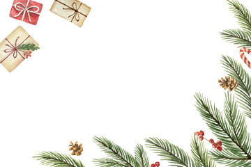 Watercolor vector Christmas banner with fir branches and place for text.