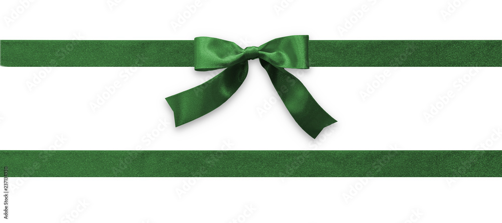 Green bow ribbon band satin emerald stripe fabric (isolated on white background with clipping path) for Christmas holiday gift box, greeting card banner, present wrap design decoration ornament - obrazy, fototapety, plakaty 
