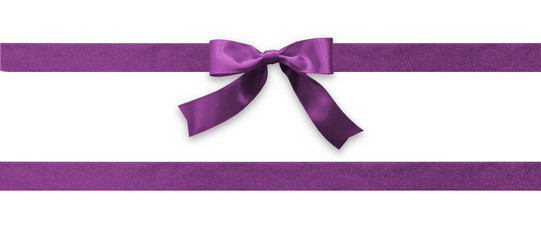 Mulberry purple bow ribbon band magenta satin stripe fabric (isolated on white background with clipping path) for holiday gift box, greeting card banner, present wrap design decoration ornament