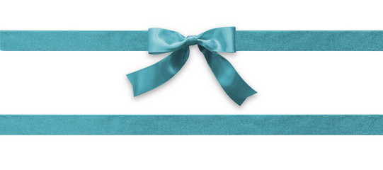 teal bow ribbon band satin blue stripe fabric (isolated on white background with clipping path) for 