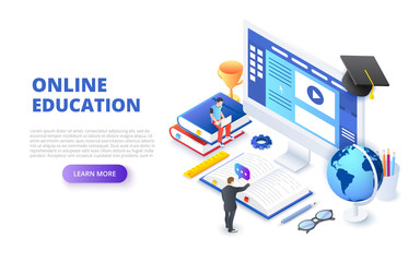 online education design concept with computer, books and people. isometric vector illustration. land