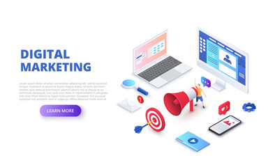 Poster - Digital marketing design concept with computer, hand speaker and smartphone. Isometric vector illustration. Landing page template for web.