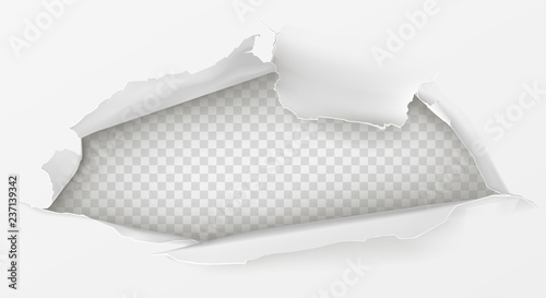 Fotomural Hole with ripped edges in white paper sheet realistic vector illustration with copyspace on transparent background