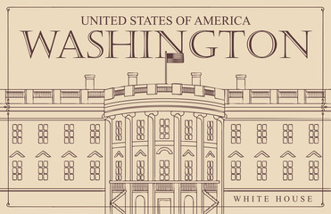 Canvas Print - Vector banner or card with contour drawing of the famous US White House, Washington DC in retro style. American landmark.