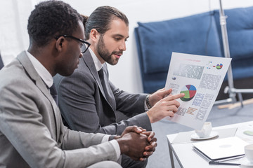 Poster - multiethnic business partners looking at document with charts in office