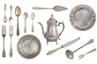 © Karjalas - Vintage silver forks, spoons, knives, kettle, plates, ladle and scoop for the cake. Old dishes and cutlery isolated on white background. Rustic. Retro.