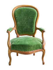 Wall Mural - Vintage wooden armchair upholstered in green velvet isolated on white background. Retro style. Vintage furniture