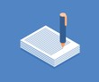 Stack of papers and pen icon. Vector illustration in flat isometric 3D style.