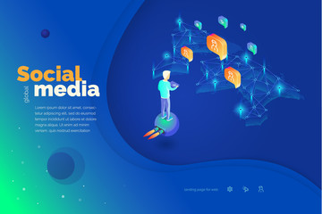 Poster - Global social media. A man with a tablet interacts with users of social networks around the world. Modern vector illustration. Abstraction.