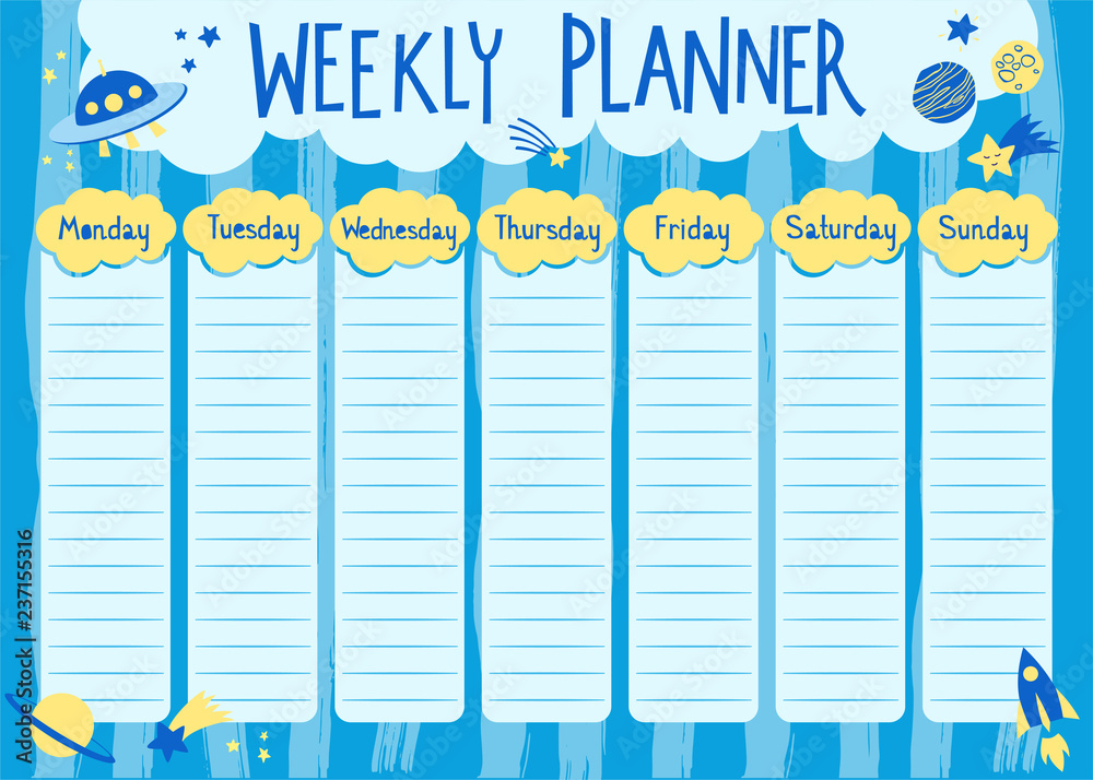 Blue weekly planner with planets, stars, rocket and alien spaceship ...