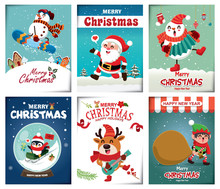 Vintage Christmas Poster Design With Vector Snowman, Reindeer, Penguin, Santa Claus, Elf, Fox Characters.