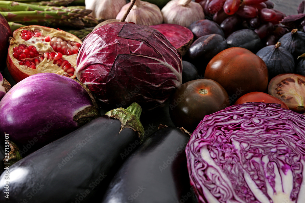 Various fresh vegetables with fruits, closeup