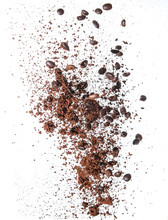 Coffee Powder And Coffee Beans Splash Or Explosion Flying In The Air