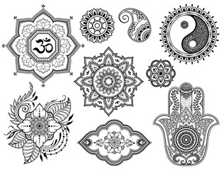 Big set of Mehndi flower pattern, lotus, mandala, mantra OM, Yin-yang symbol and Hamsa for Henna drawing and tattoo. Decoration in ethnic oriental, Indian style.