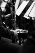 Hands of a musician playing bass clarinet closeup in black and white tones