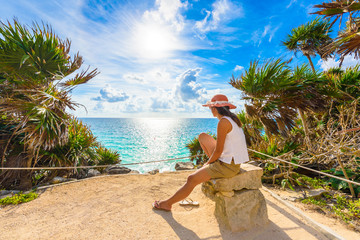 Paradise Scenery of Tulum at tropical coast and beach. Mayan ruins of Tulum, Quintana Roo, Mexico.