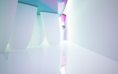 Abstract dynamic interior with white smooth objects and  colored glass lines. 3D illustration and rendering