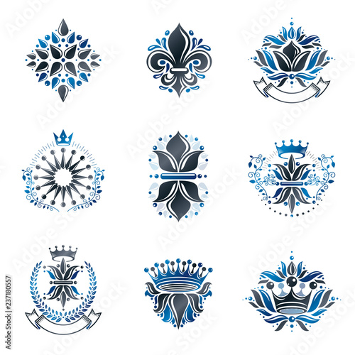 flowers royal symbols floral and crowns emblems set heraldic crowns logos