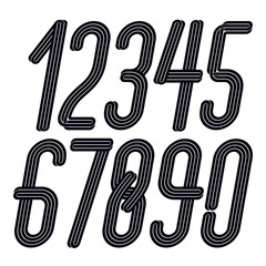 Poster - Set of vector tall elegant condensed funky numbers from 0 to 9 made with parallel stripes, best for use in logotype design for carnival announcement.