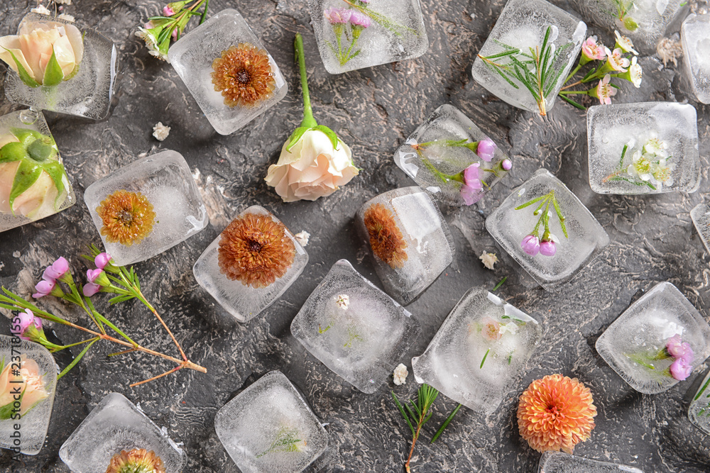 Beautiful flowers frozen in ice cubes on grey background